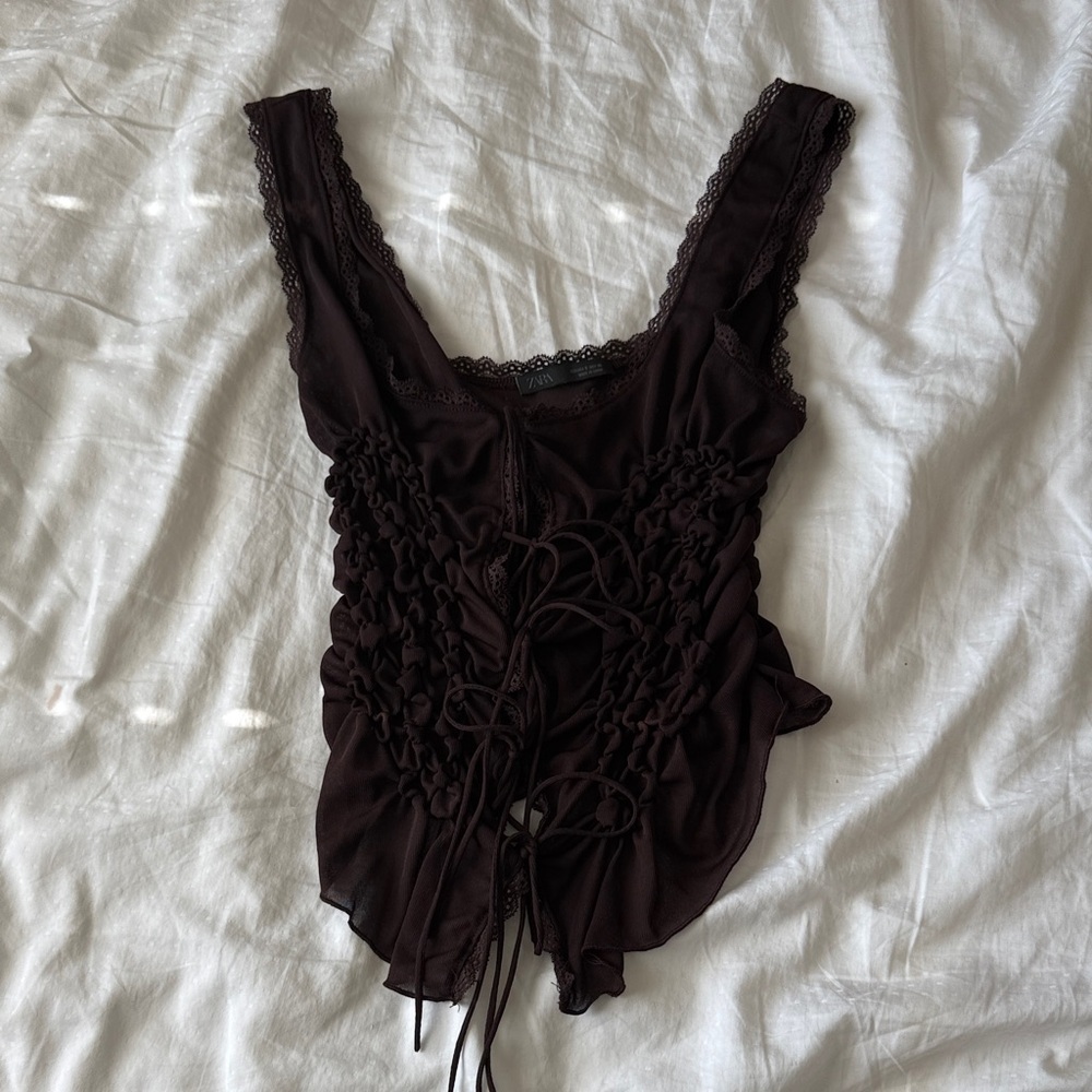 Zara Brown Ruched Tie Front Lace Top